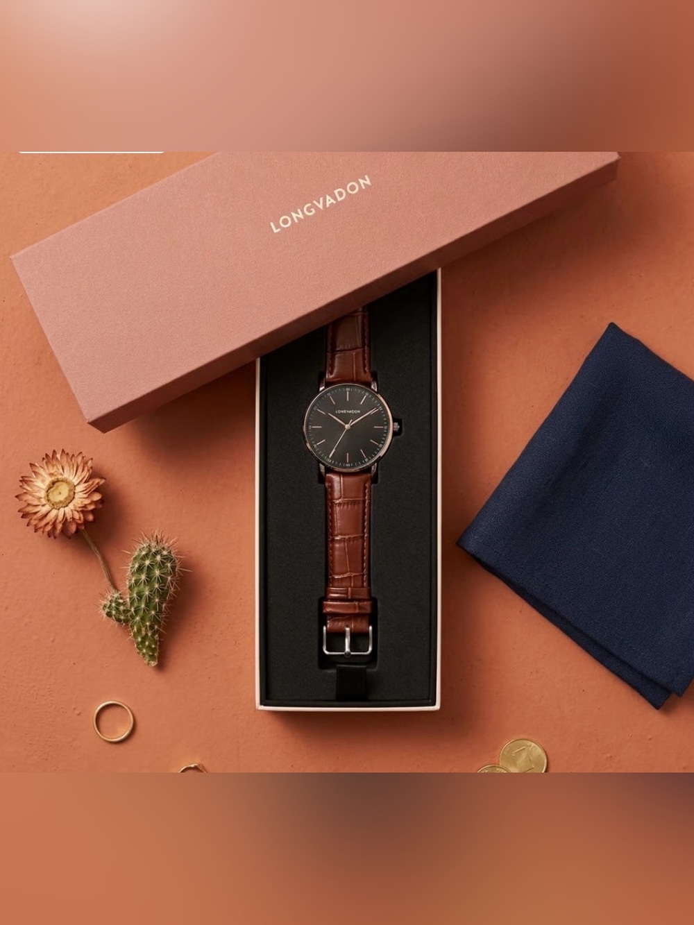 Longvadon Classic Watch Marron Black Dial Gold Tone Brown Leather Strap NIB